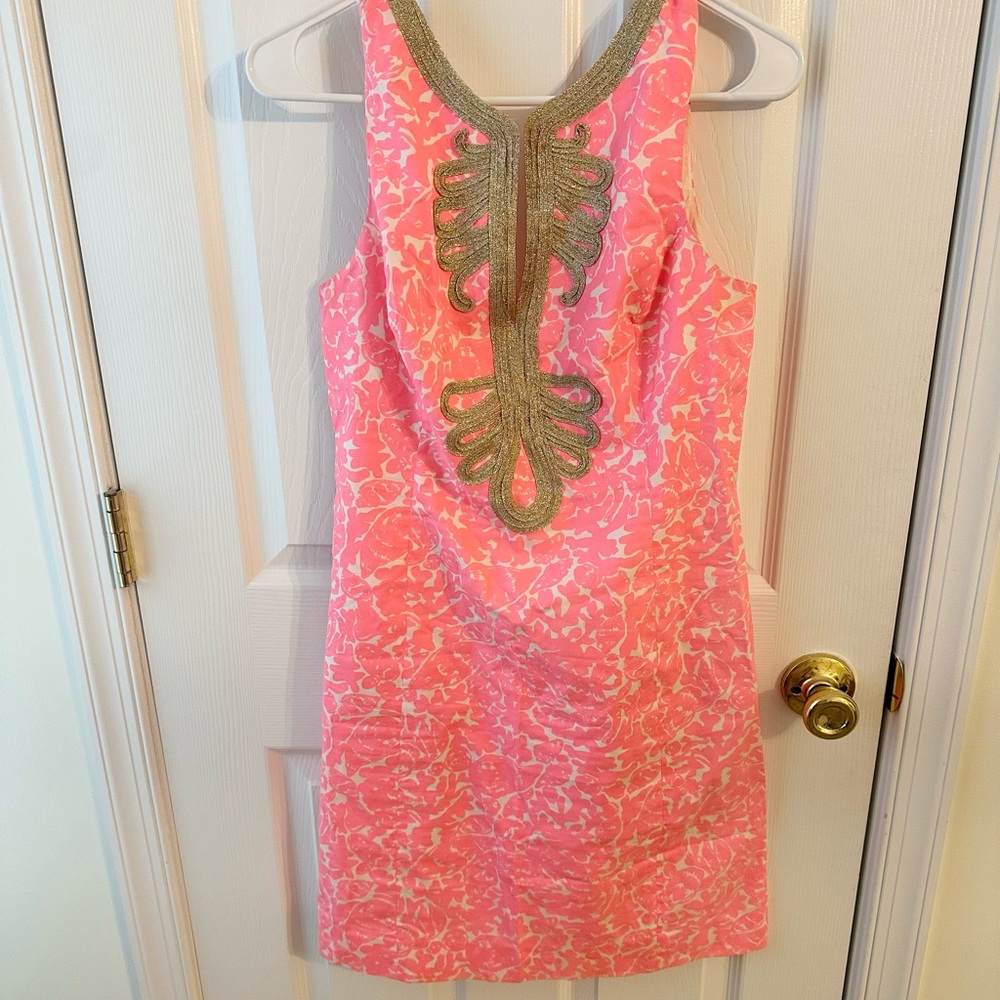 Lilly Pulitzer pink and gold shift dress